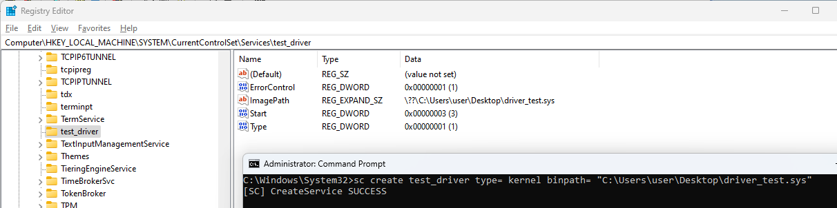 regedit with test_driver key open