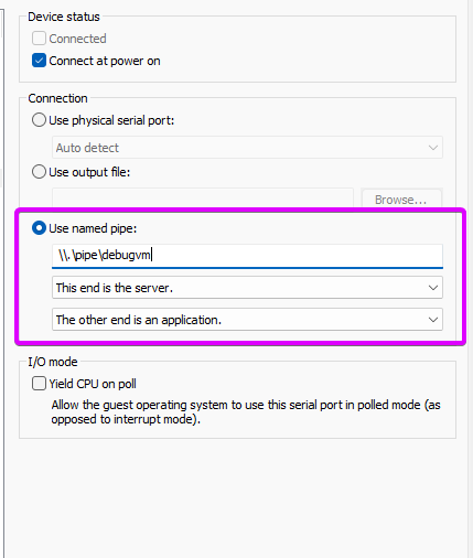 Create Serial Port device inside VMware